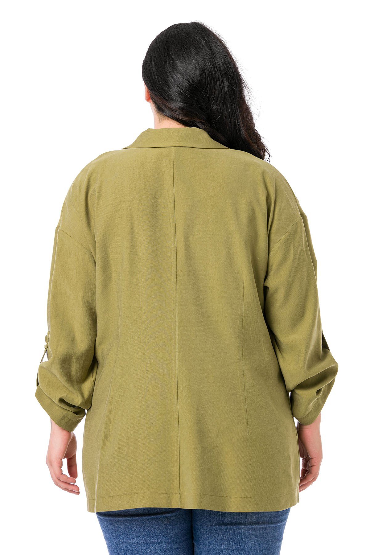 Büyük Beden Mono Yaka Katlamalı Kollu Torba Cepli Oversize Haki Astarsız Kadın Ceket