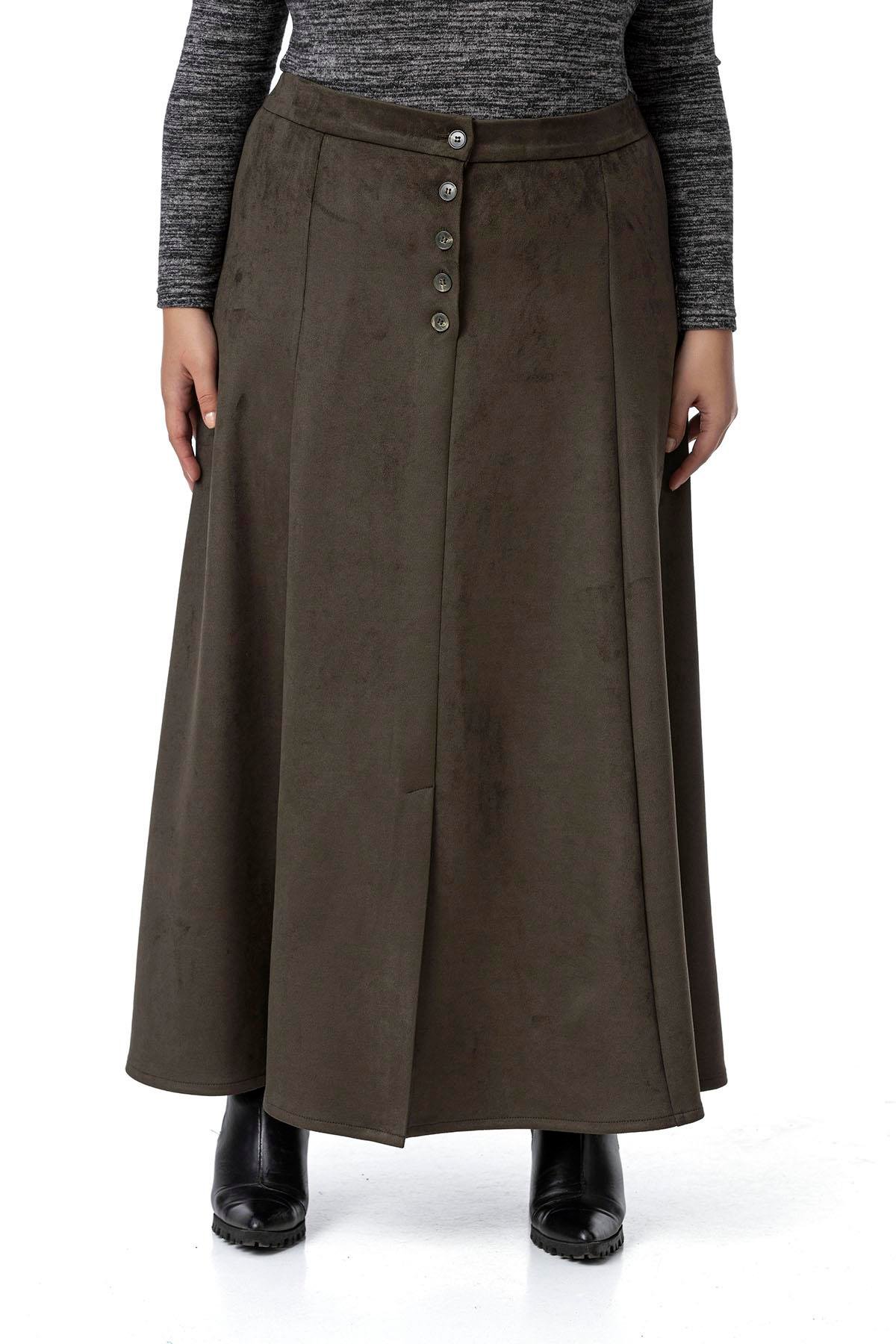 Disentis Modest Büyük Beden Önden Yırtmaçlı Düğmeli Beli Arkadan Lastikli Uzun Süet Haki Etek DISENTIS MODESTBüyük Beden Önden Yırtmaçlı Düğmeli Beli Arkadan Lastikli Uzun Süet Haki Etek 