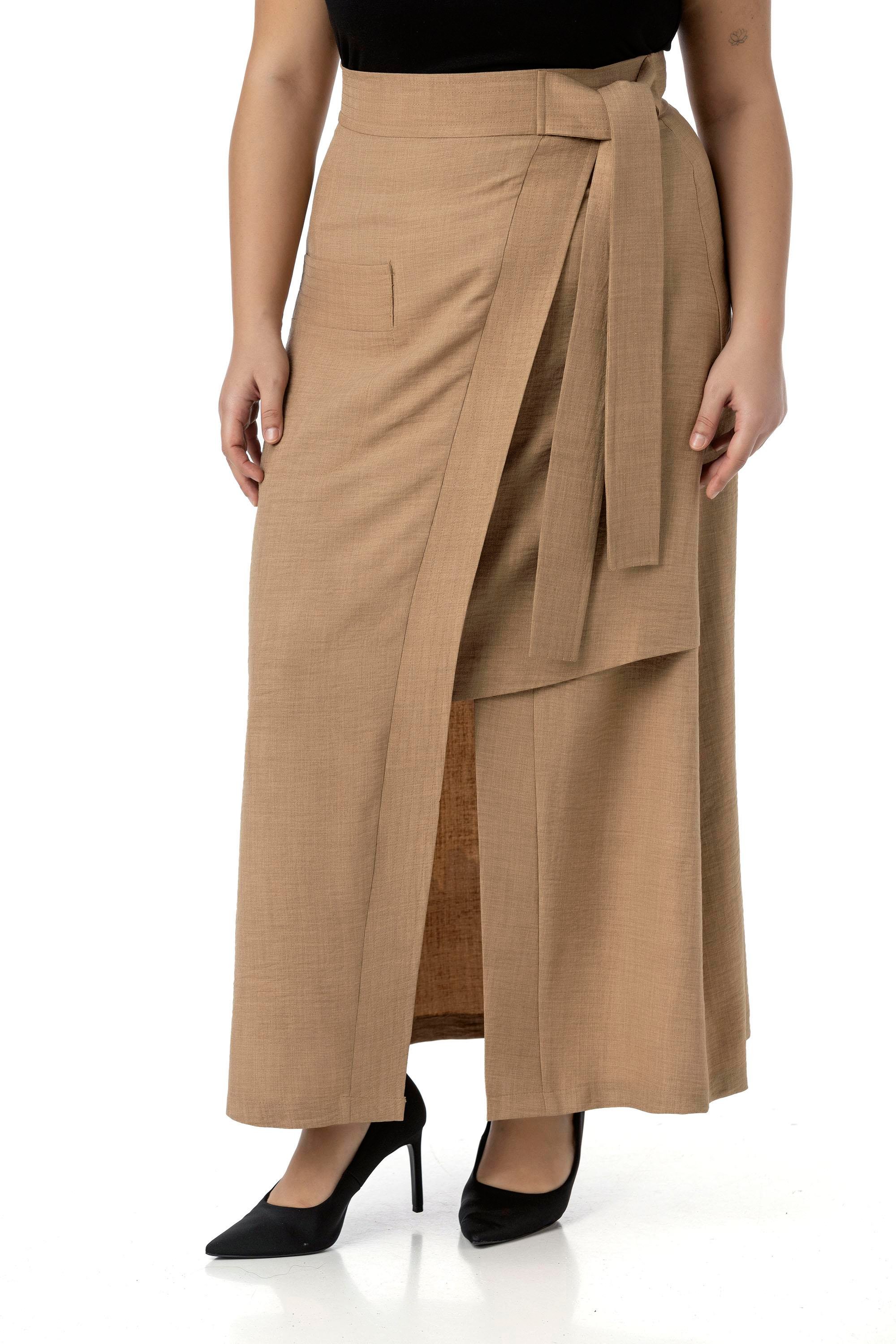 Disentis Modest Büyük Beden Önden Yırtmaçlı Süs Bağlama Detaylı Torba Cepli Vizon Midi EtekDISENTIS MODESTBüyük Beden Önden Yırtmaçlı Süs Bağlama Detaylı Torba Cepli Vizon Midi Etek