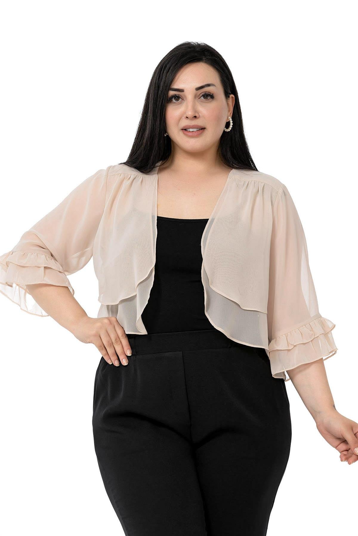 Büyük Beden Önü Çift Kat Kolu ve Arkası Fırfırlı Şifon Bej Bolero
