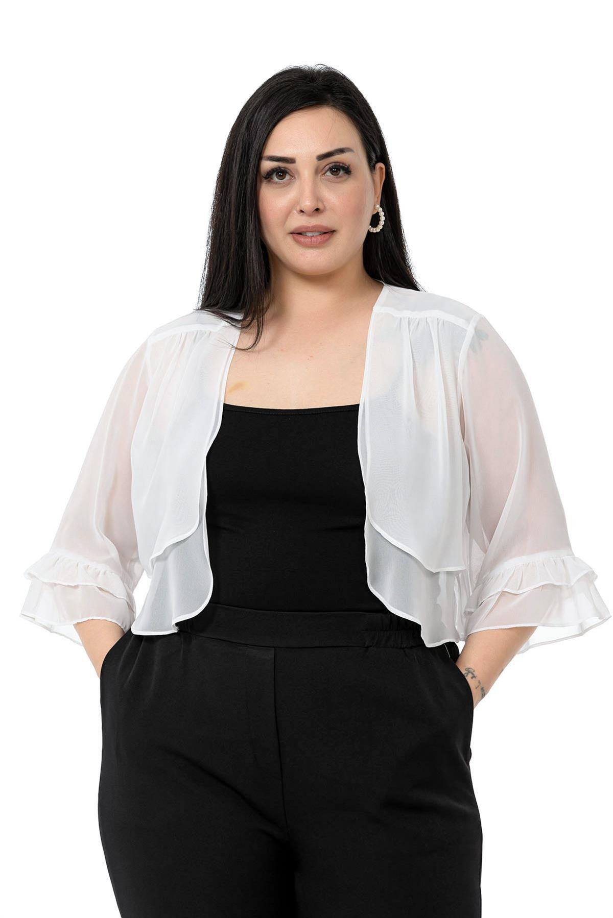 Büyük Beden Önü Çift Kat Kolu ve Arkası Fırfırlı Şifon Beyaz Bolero
