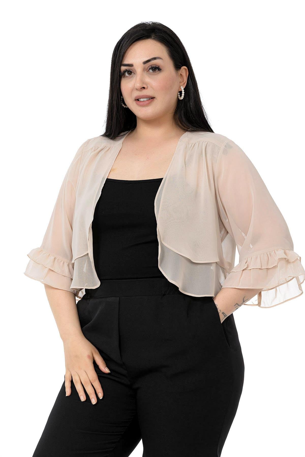 Büyük Beden Önü Çift Kat Kolu ve Arkası Fırfırlı Şifon Bej Bolero