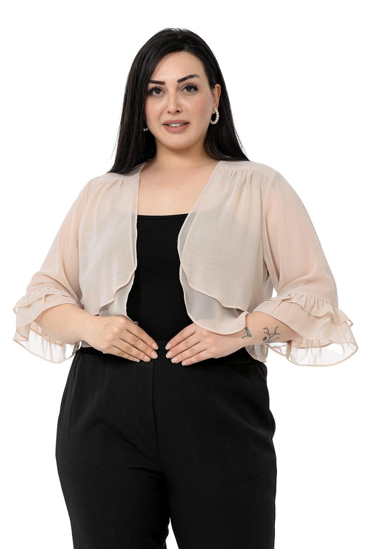 Büyük Beden Önü Çift Kat Kolu ve Arkası Fırfırlı Şifon Bej Bolero