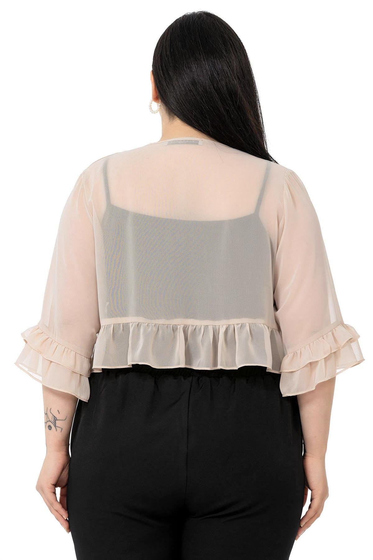 Büyük Beden Önü Çift Kat Kolu ve Arkası Fırfırlı Şifon Bej Bolero