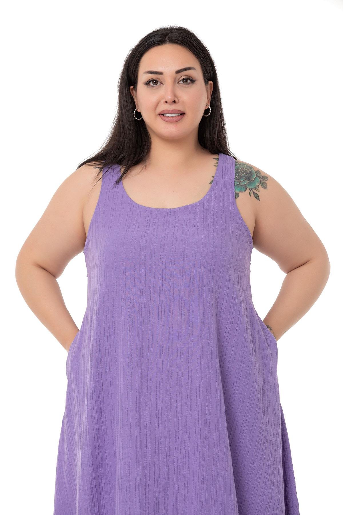 DISENTIS MODEST GENC BUYUK BEDEN UZUN BALON ELBISEDISENTIS MODESTBüyük Beden Pencere Detaylı Askılı Lila Balon Elbise