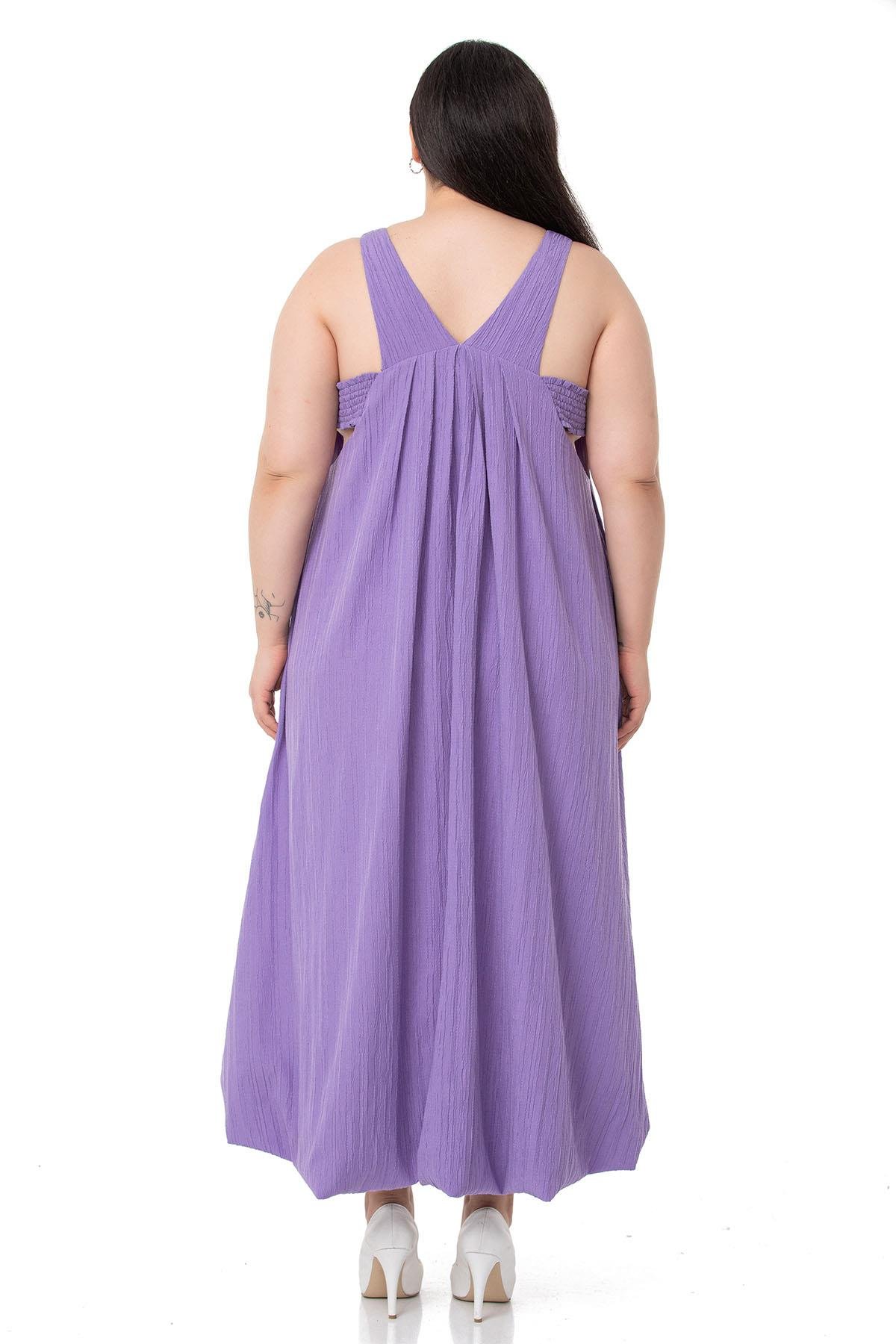 DISENTIS MODEST GENC BUYUK BEDEN UZUN BALON ELBISEDISENTIS MODESTBüyük Beden Pencere Detaylı Askılı Lila Balon Elbise