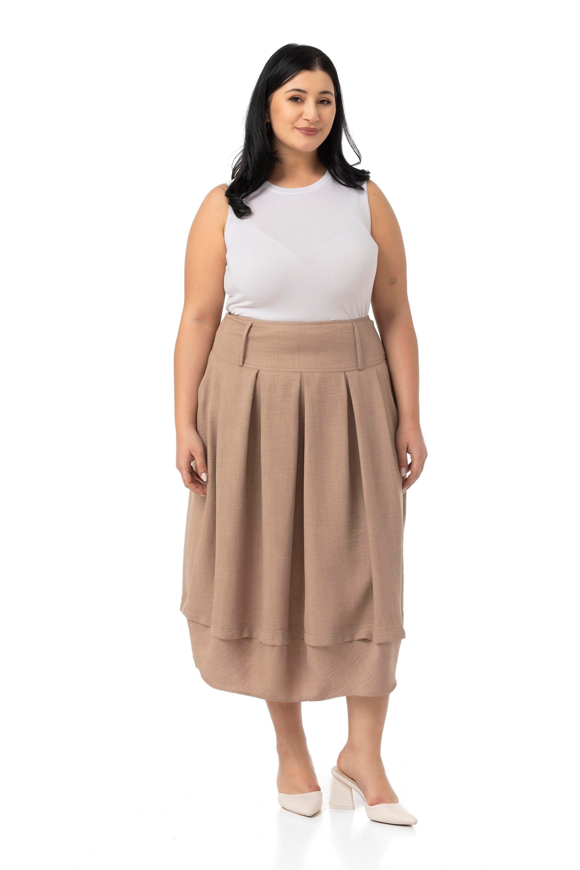 Disentis Modest Büyük Beden Pileli Balon Kesim Midi Vizon EtekDISENTIS MODESTBüyük Beden Pileli Balon Kesim Midi Vizon Etek