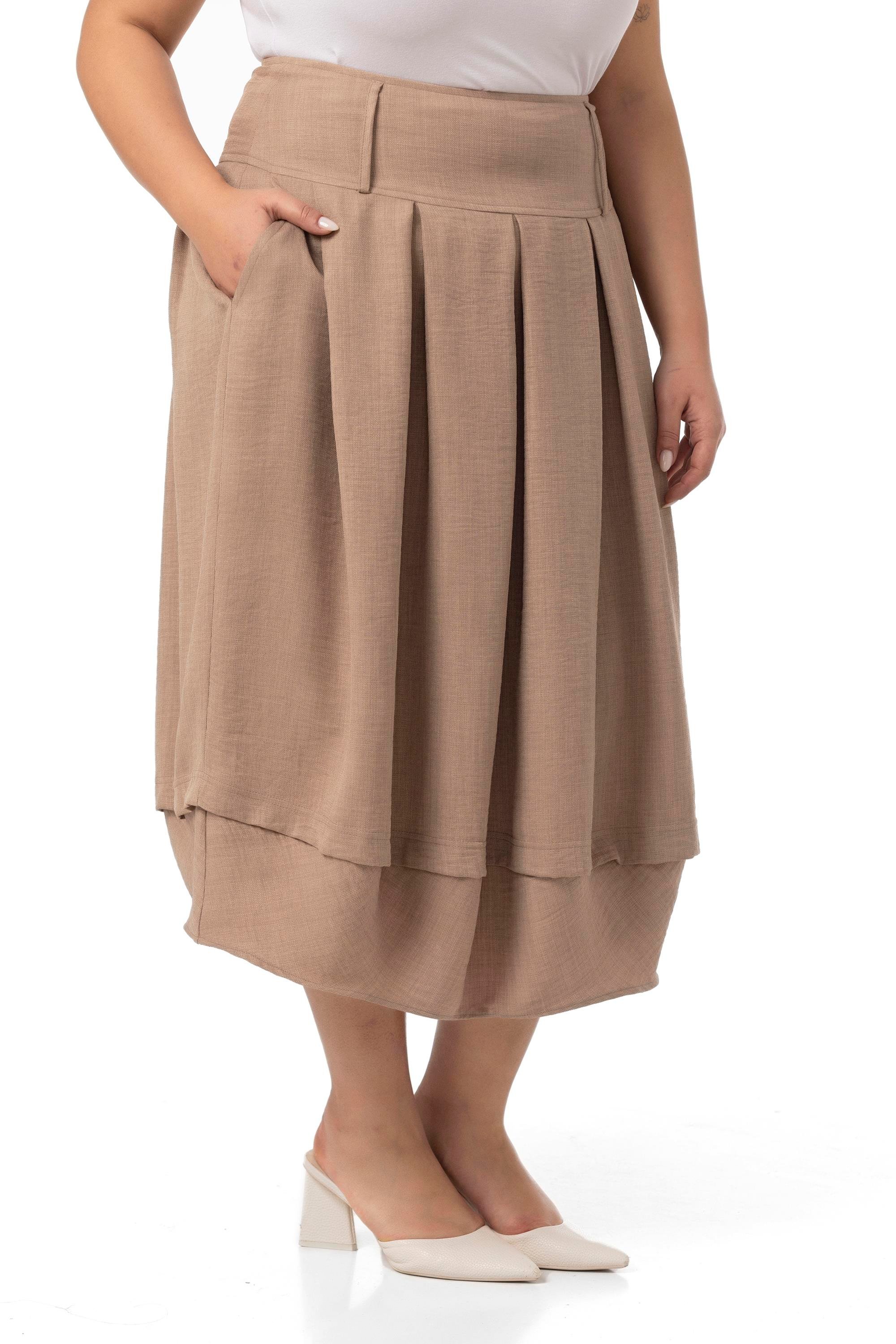 Disentis Modest Büyük Beden Pileli Balon Kesim Midi Vizon EtekDISENTIS MODESTBüyük Beden Pileli Balon Kesim Midi Vizon Etek