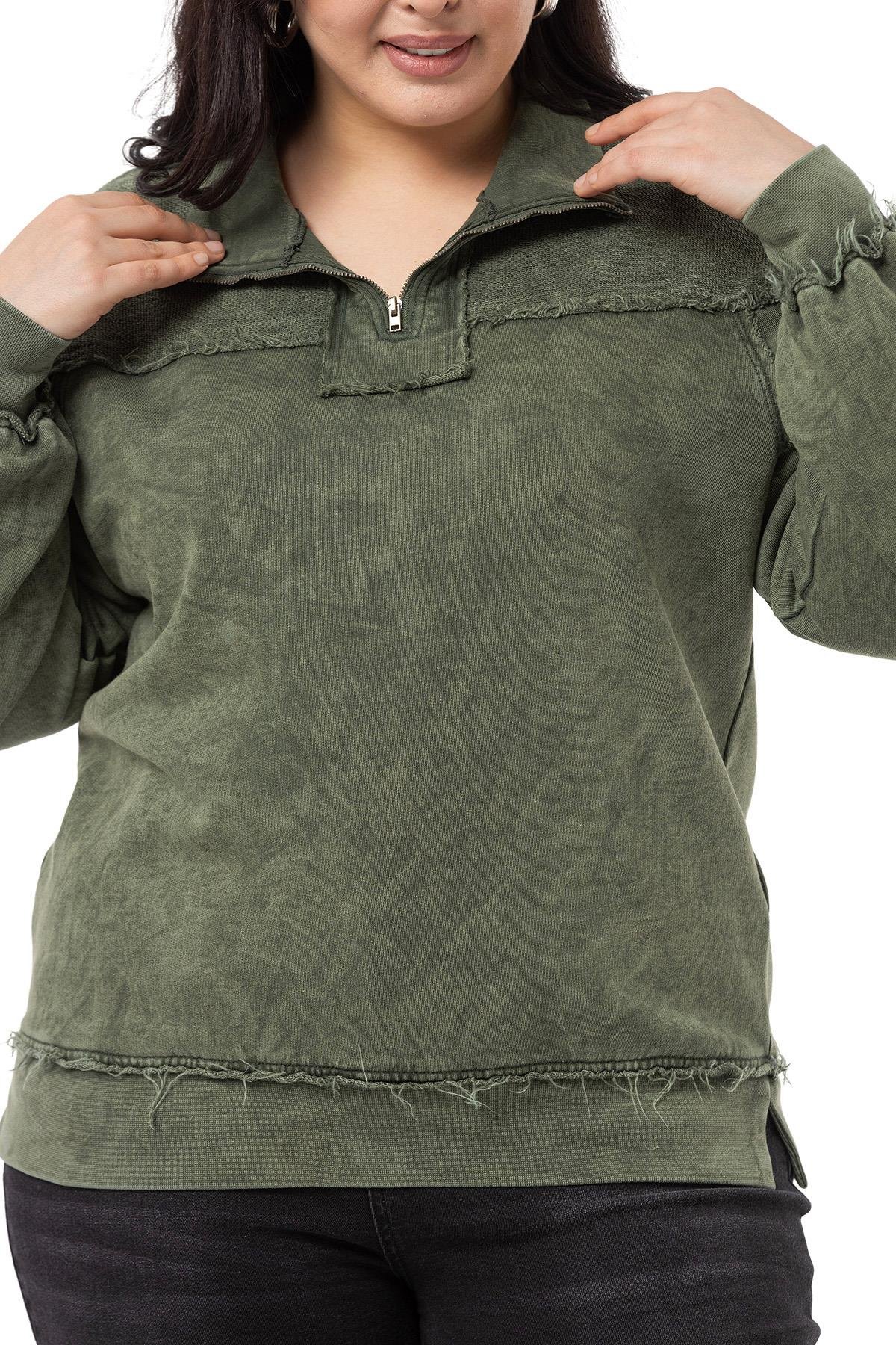 Disentis Modest Büyük Beden Pis Dikişli Fermuarlı Yırtmaçlı Parça Boyalı Haki SweatshirtDISENTIS MODESTBüyük Beden Pis Dikişli Fermuarlı Yırtmaçlı Parça Boyalı Haki Sweatshirt