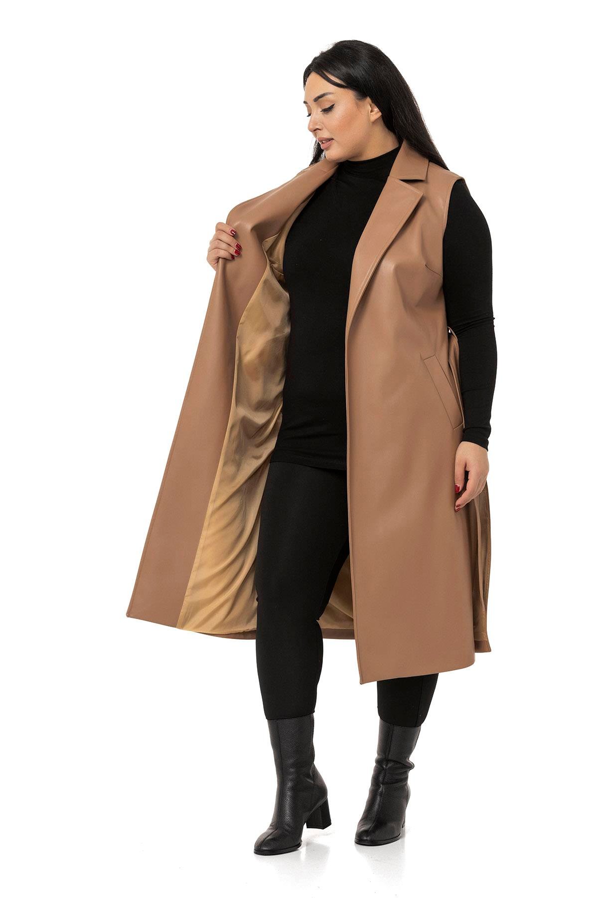 DISENTIS,BÜYÜK BEDEN, BIG SIZE, YELEK, DERİ YELEK, DİSENTİS MODESTDISENTIS MODESTBüyük Beden Rüzgarlıklı Yanları Yırtmaçlı Cepli Astarlı Deri Vizon Yelek