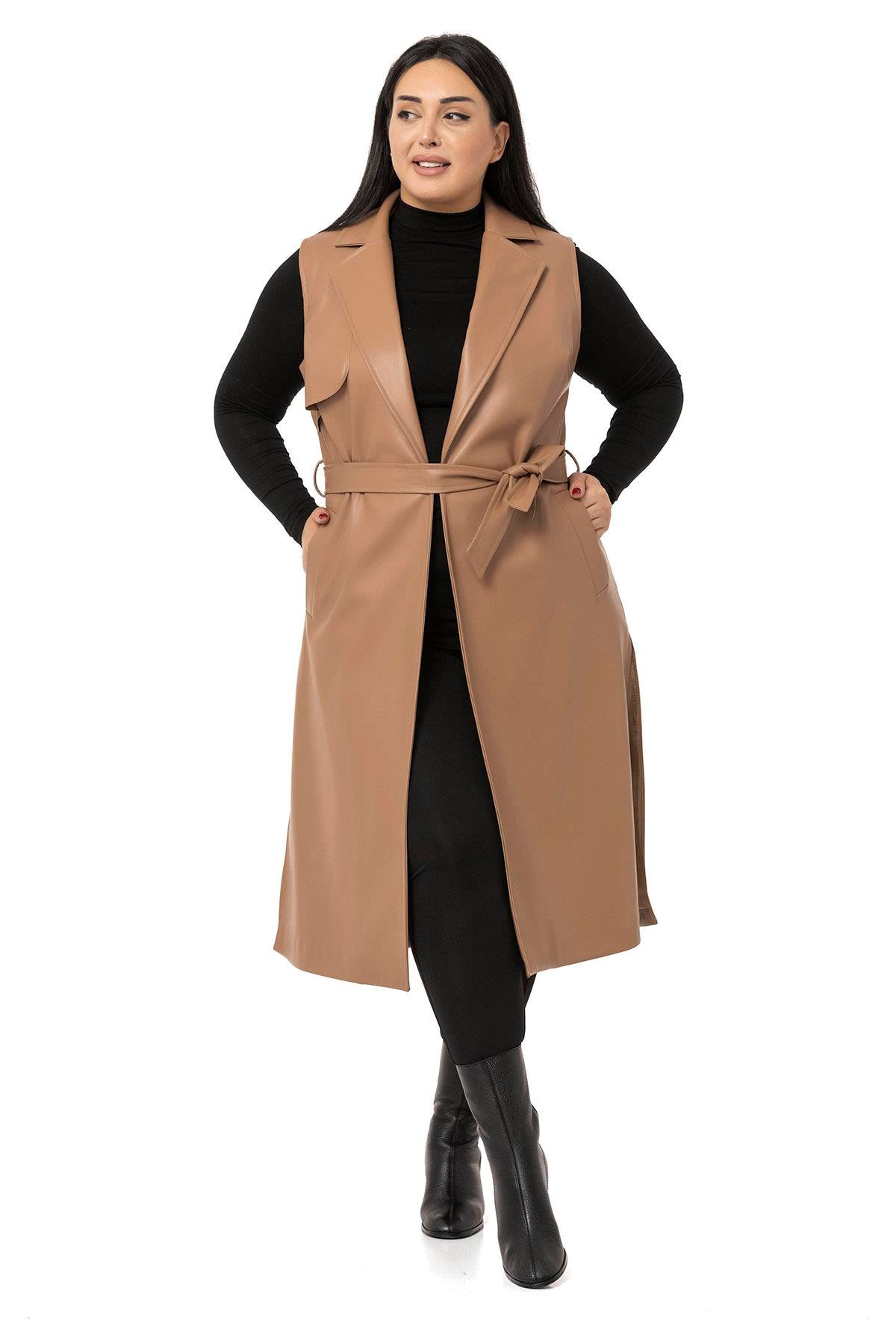 DISENTIS,BÜYÜK BEDEN, BIG SIZE, YELEK, DERİ YELEK, DİSENTİS MODESTDISENTIS MODESTBüyük Beden Rüzgarlıklı Yanları Yırtmaçlı Cepli Astarlı Deri Vizon Yelek