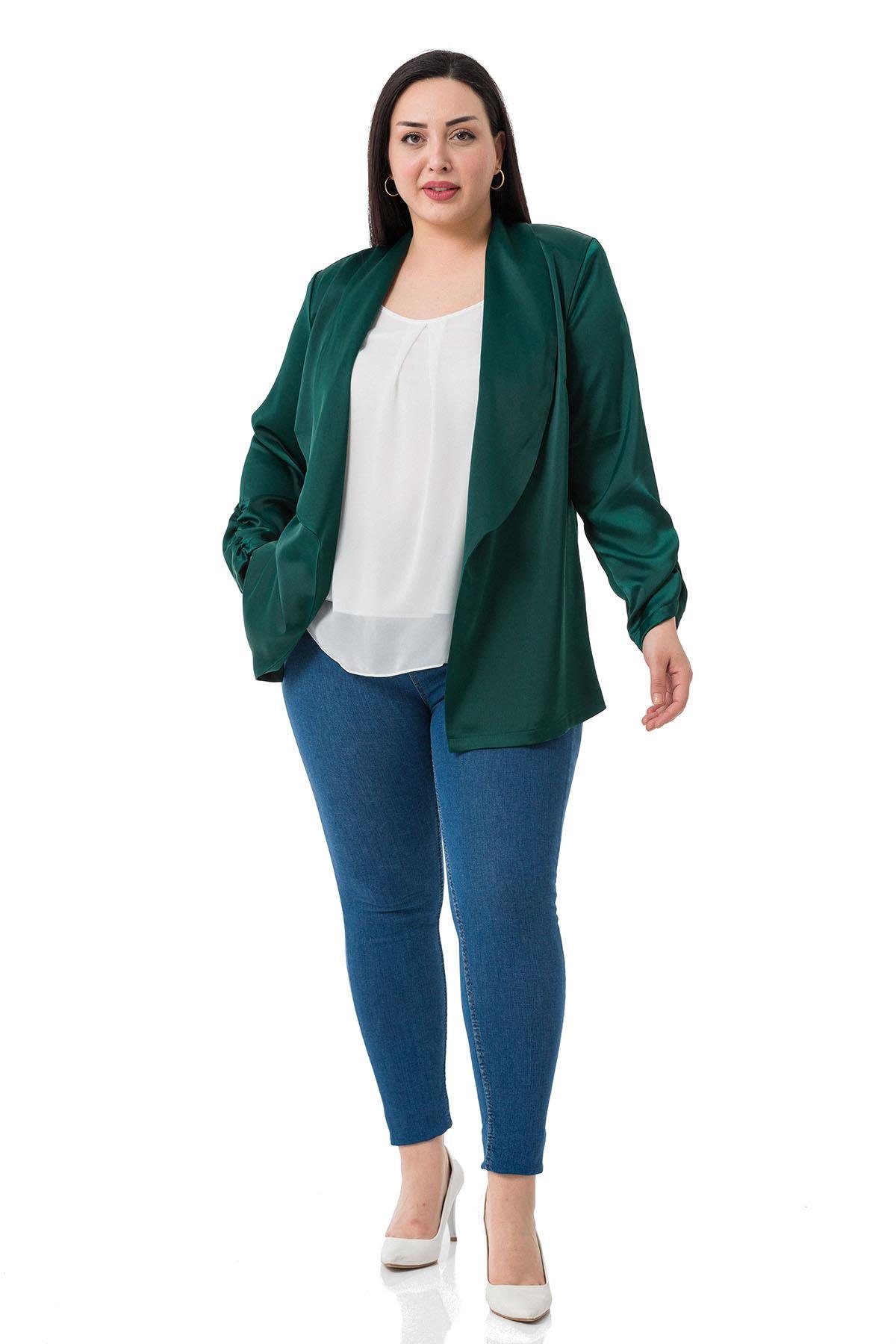 Büyük Beden Şal Yaka Kolu Büzgü Detaylı Astarsız Saten Zümrüt Yeşili Ceket