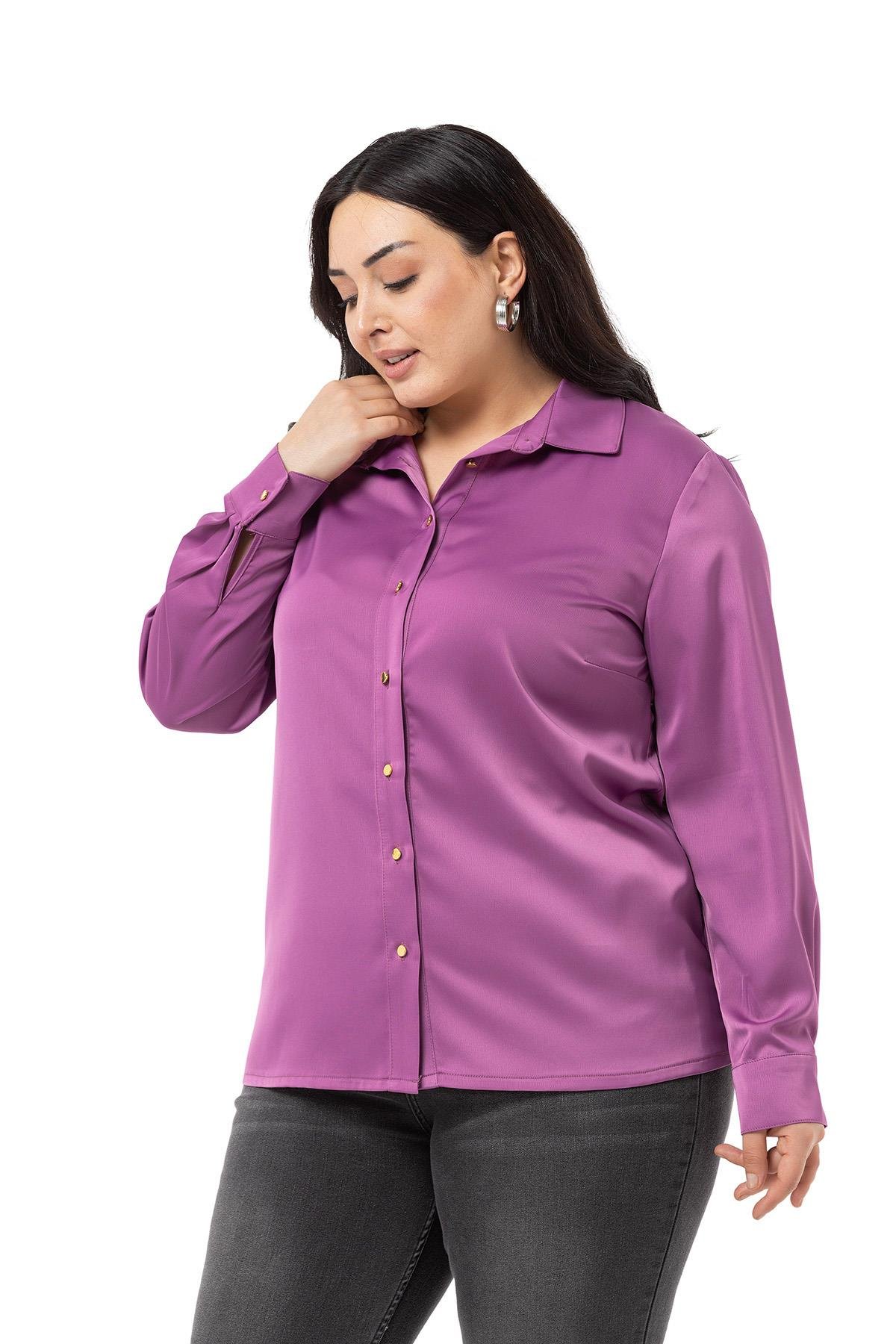 Disentis Modest Saten Dokulu Manşetli Leylak GömlekDISENTIS MODESTBüyük Beden Saten Dokulu Manşetli Leylak Gömlek