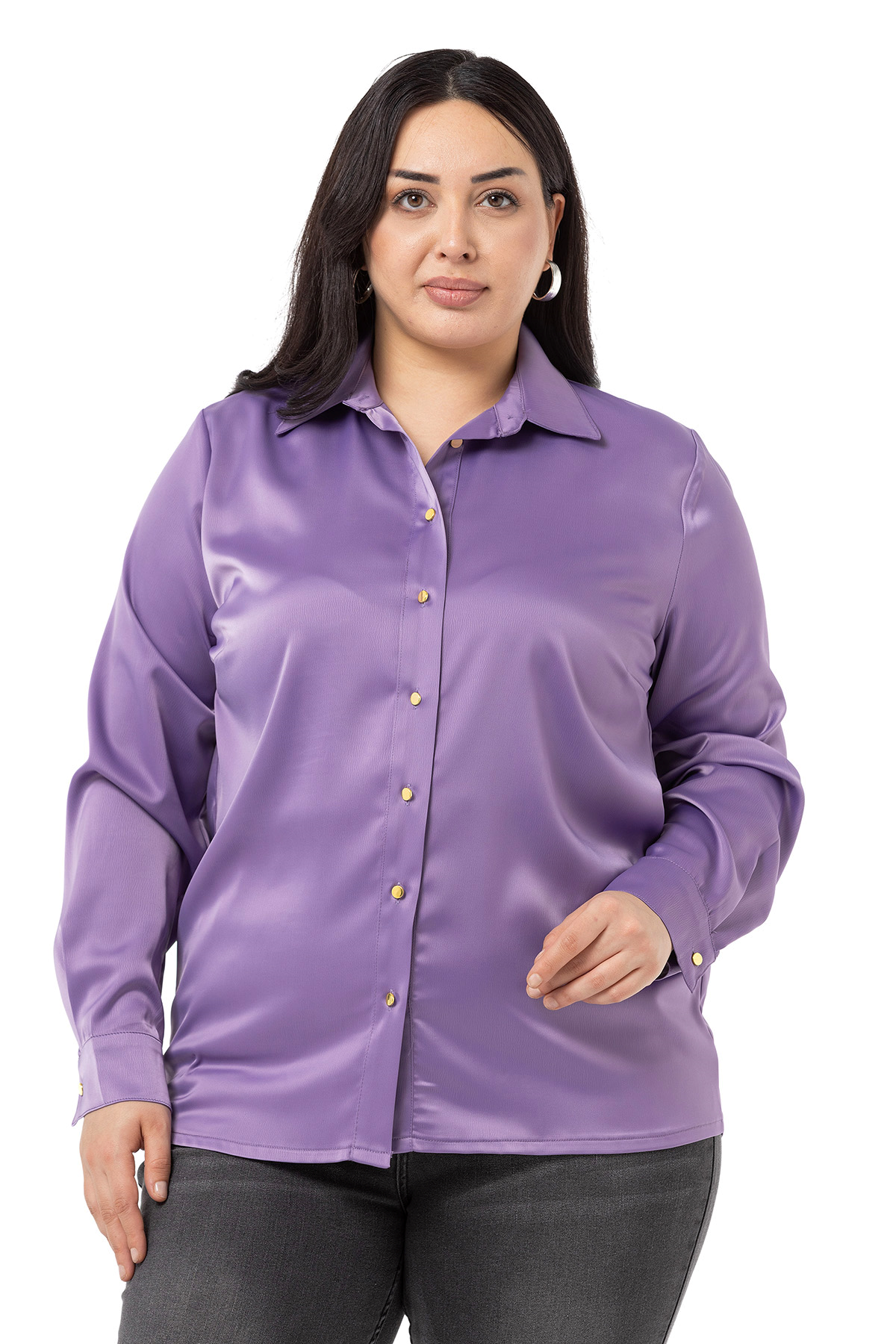 Disentis Modest Saten Dokulu Manşetli Lila GömlekDISENTIS MODESTBüyük Beden Saten Dokulu Manşetli Lila Gömlek