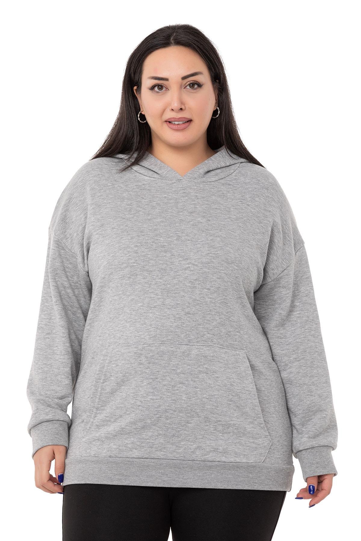 DISENTIS MODEST GENC BUYUK BEDEN UC IPLIK SWEATSHIRTDISENTIS MODESTBüyük Beden Sırtında Yazı Detaylı Kapüşonlu Kanguru Cepli Üç İplik Gri Melanj Sweatshirt