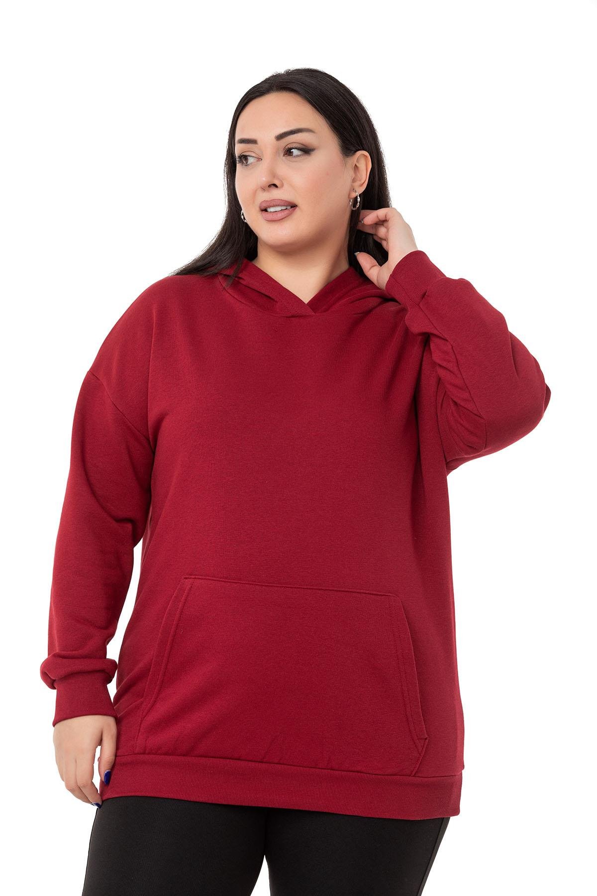 DISENTIS MODEST GENC BUYUK BEDEN UC IPLIK SWEATSHIRTDISENTIS MODESTBüyük Beden Sırtında Yazı Detaylı Kapüşonlu Kanguru Cepli Üç İplik Bordo Sweatshirt
