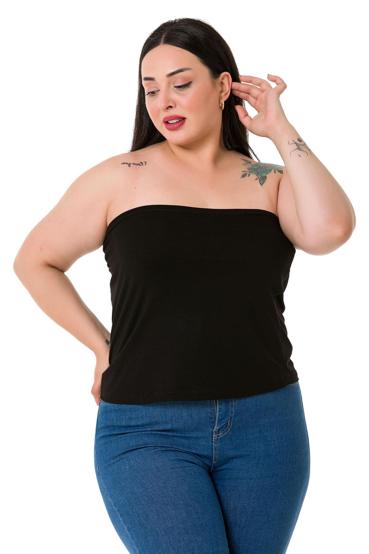 Büyük Beden Straplez Viskon Siyah Body