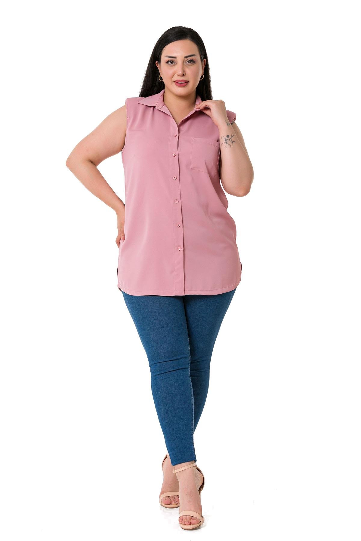 Büyük Beden Tek Cepli Vatkalı Kolsuz Gül Kurusu Gömlek