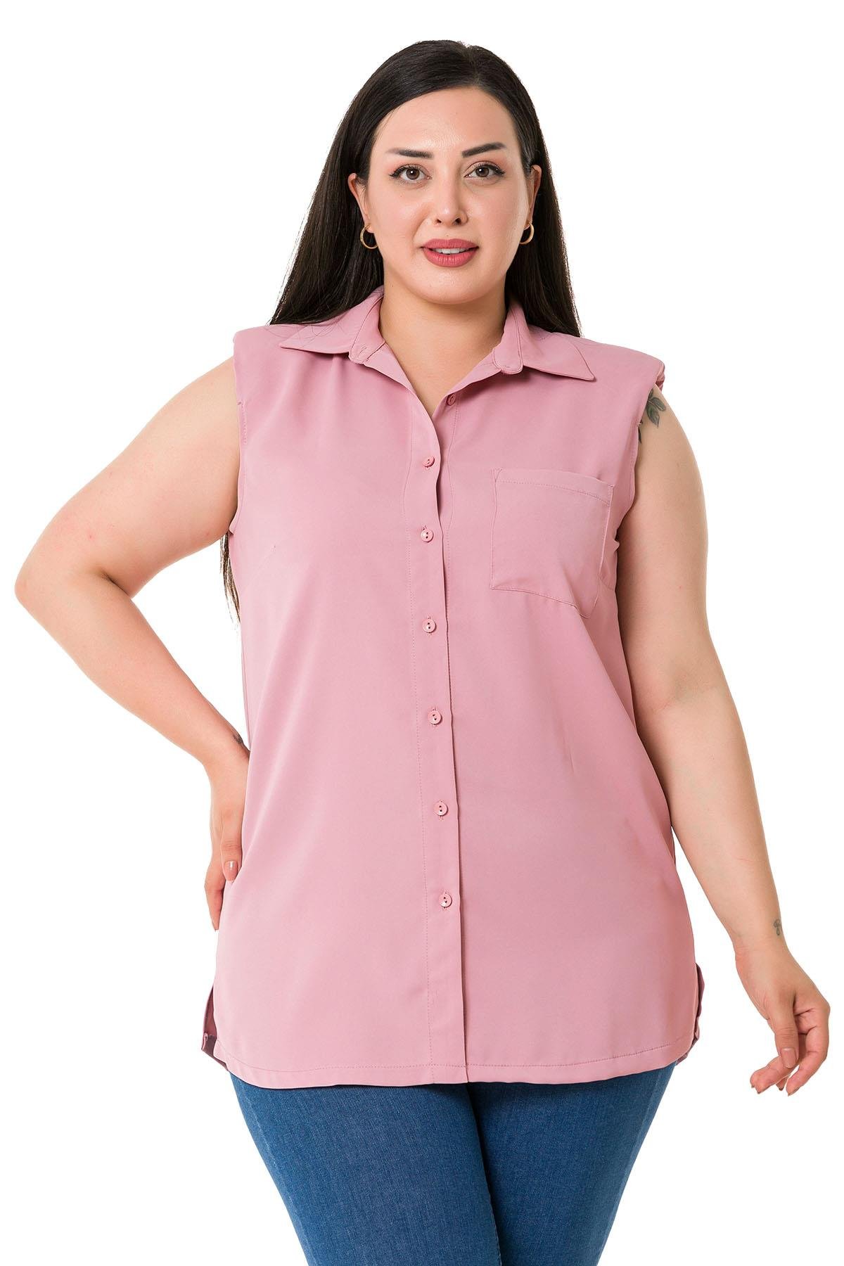 Büyük Beden Tek Cepli Vatkalı Kolsuz Gül Kurusu Gömlek