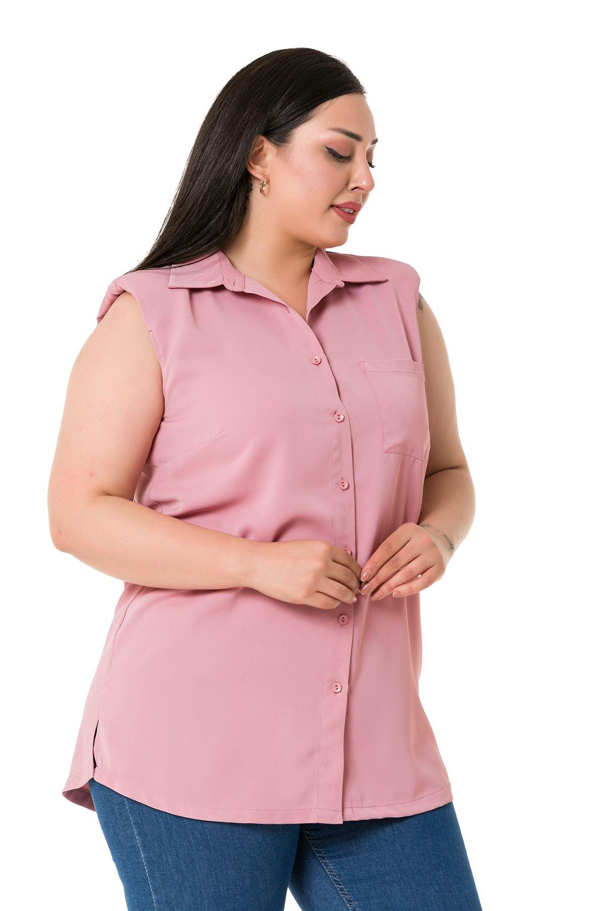 Büyük Beden Tek Cepli Vatkalı Kolsuz Gül Kurusu Gömlek