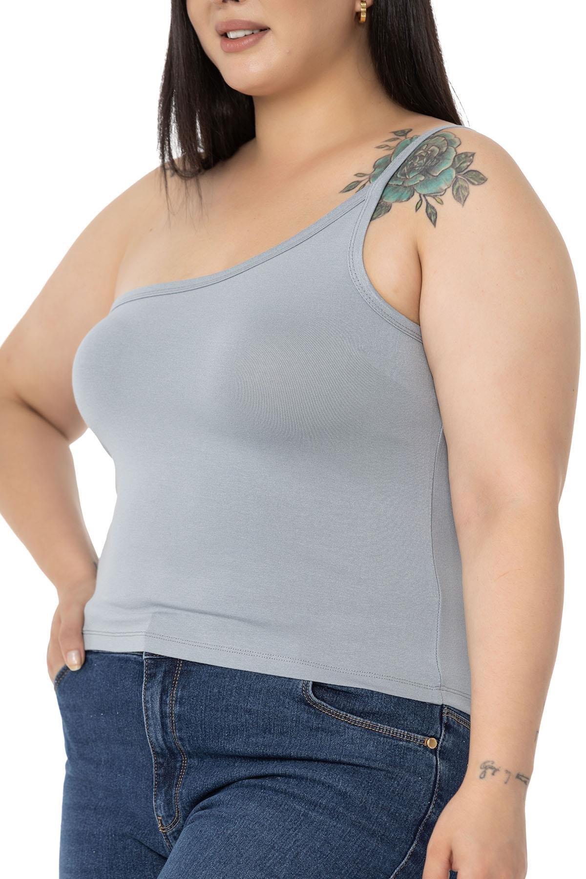 Büyük Beden Tek Omuz Dekolteli Viskon Gri Body