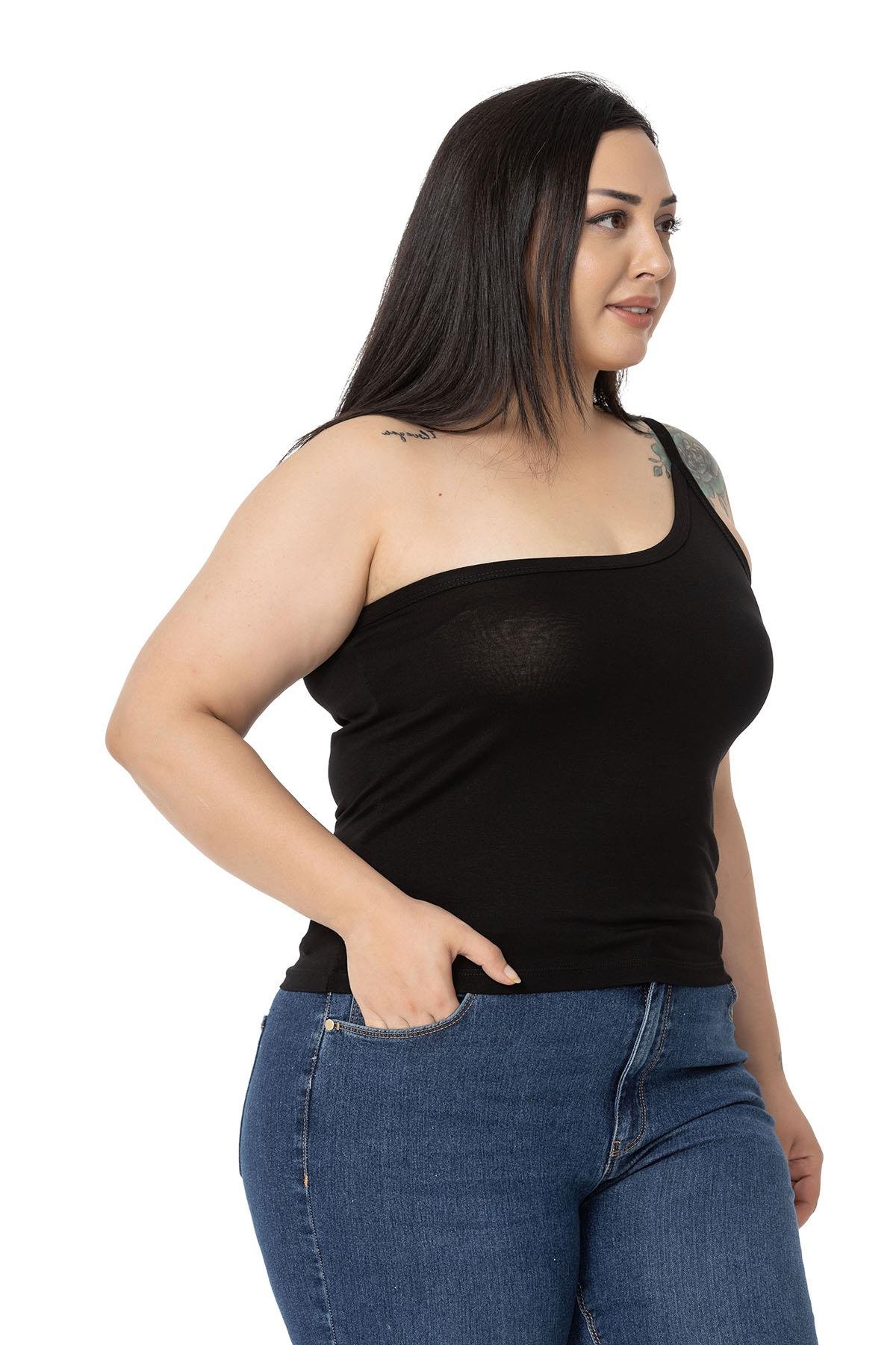 Büyük Beden Tek Omuz Dekolteli Viskon Siyah Body