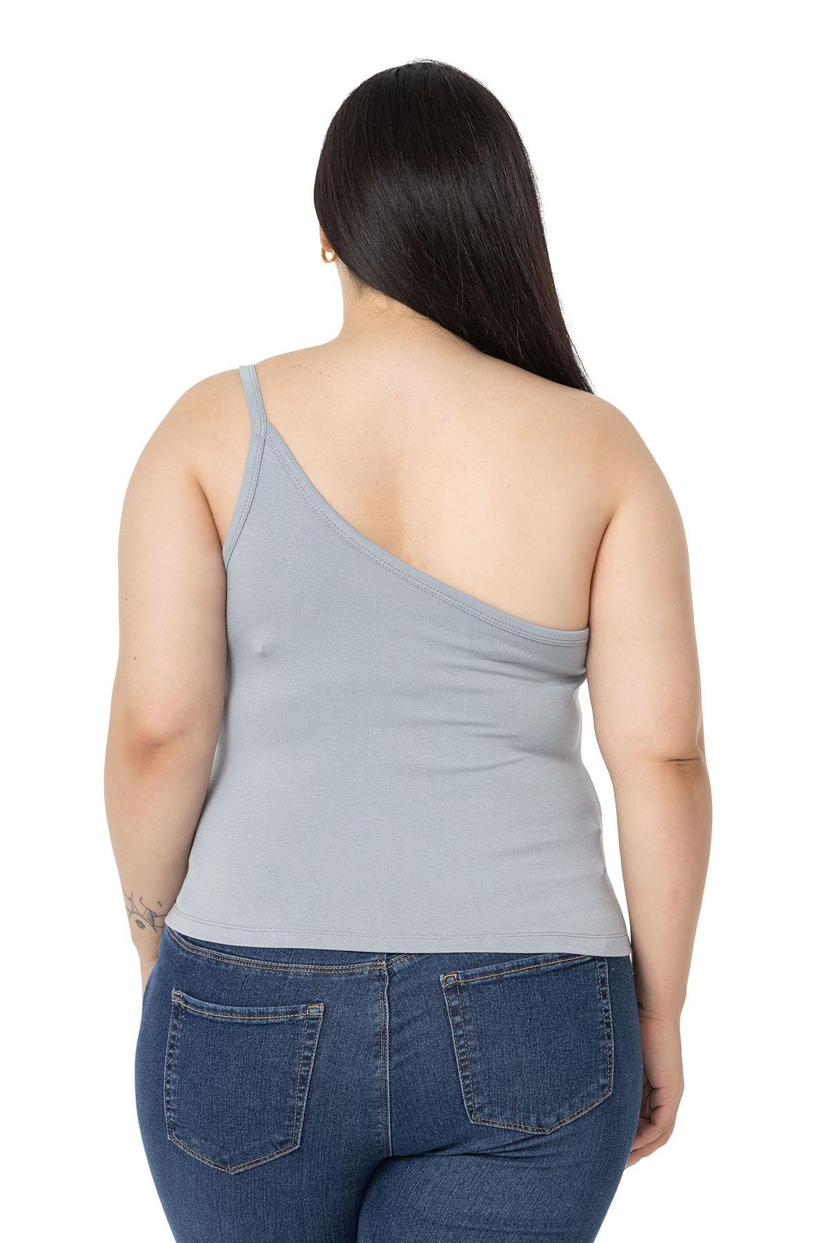 Büyük Beden Tek Omuz Dekolteli Viskon Gri Body