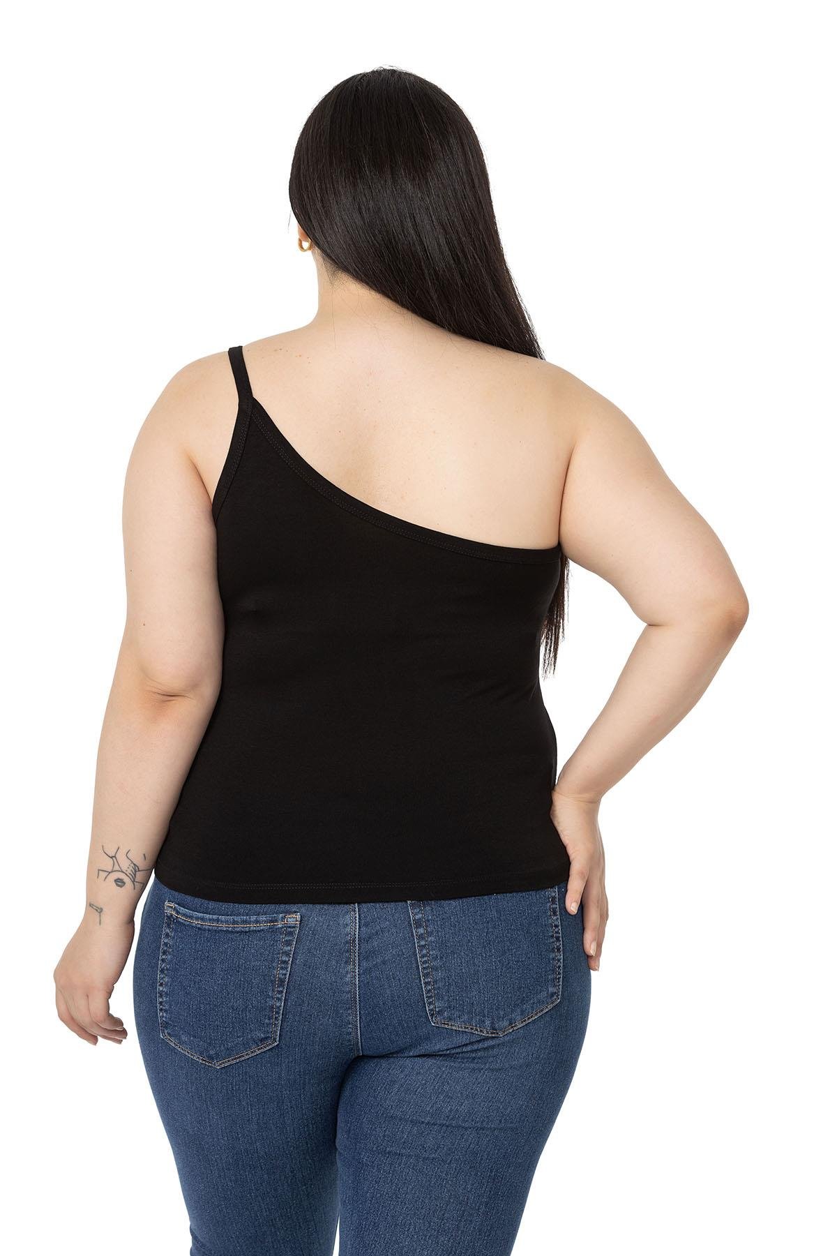 Büyük Beden Tek Omuz Dekolteli Viskon Siyah Body