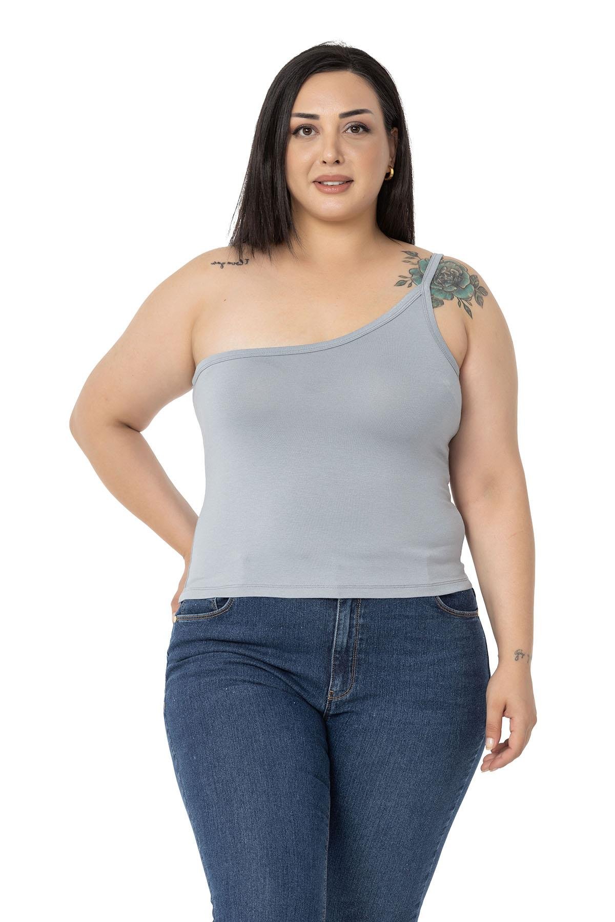 Büyük Beden Tek Omuz Dekolteli Viskon Gri Body