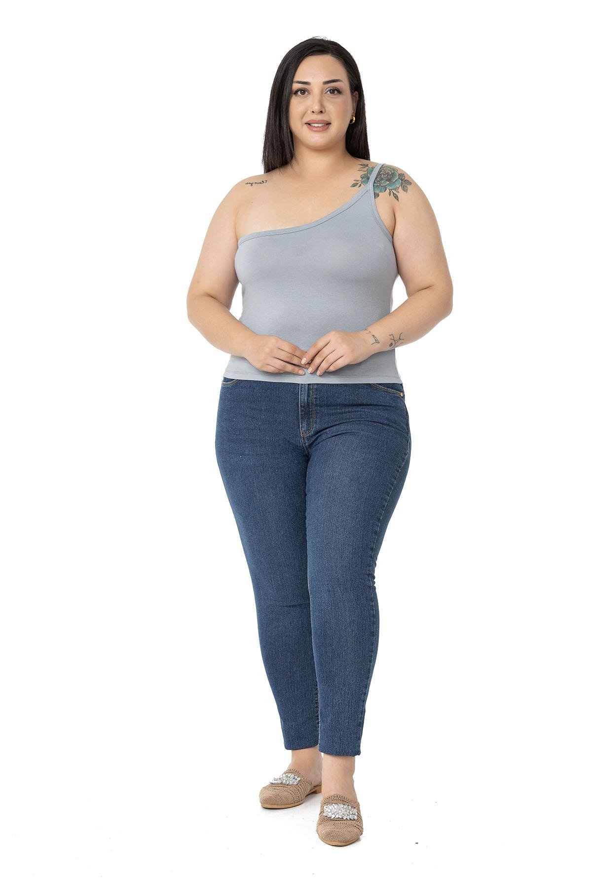 Büyük Beden Tek Omuz Dekolteli Viskon Gri Body