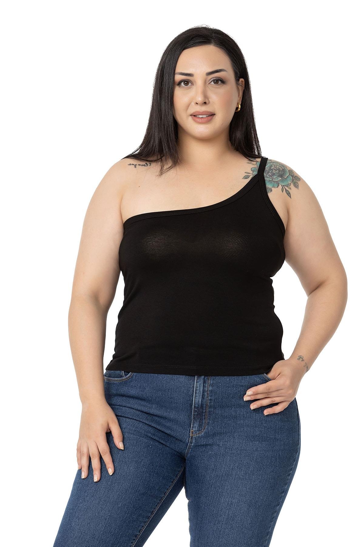 Büyük Beden Tek Omuz Dekolteli Viskon Siyah Body