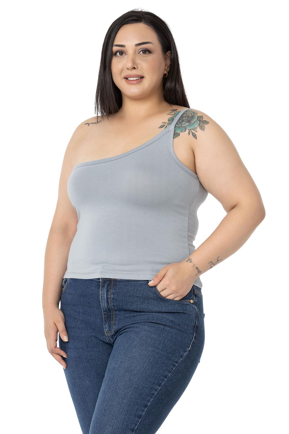 Büyük Beden Tek Omuz Dekolteli Viskon Gri Body