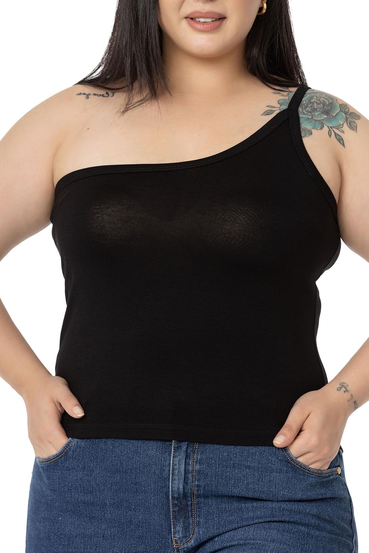 Büyük Beden Tek Omuz Dekolteli Viskon Siyah Body