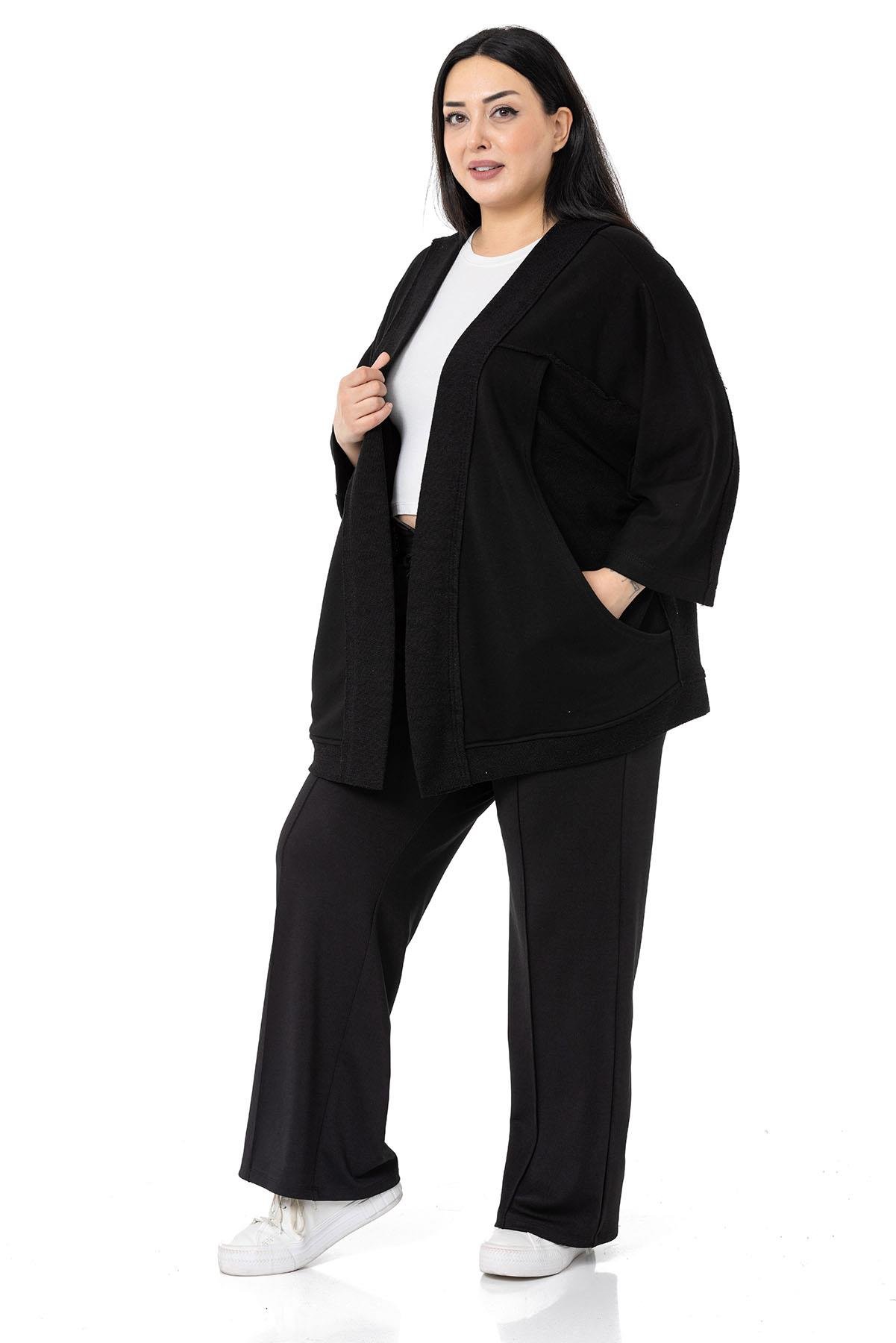 DISENTIS, BÜYÜK BEDEN, BIG SIZE, OVERSIZE, HIRKA, ÜÇ İPLİK, PİS DİKİŞDISENTIS MODESTBüyük Beden Truvakar Kollu Oversize Cepli Üç İplik Siyah Hırka