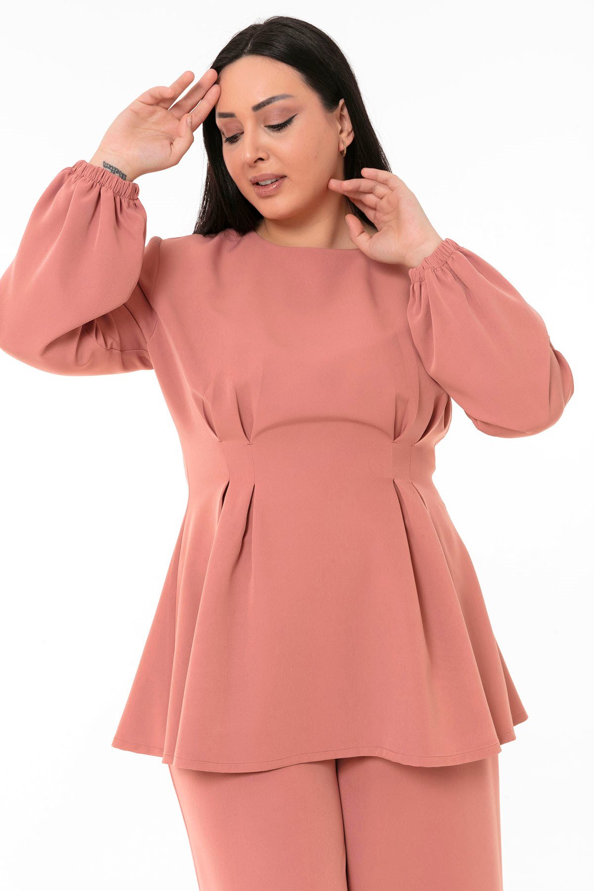 Büyük Beden Tunik Pantolon Pembe Takım