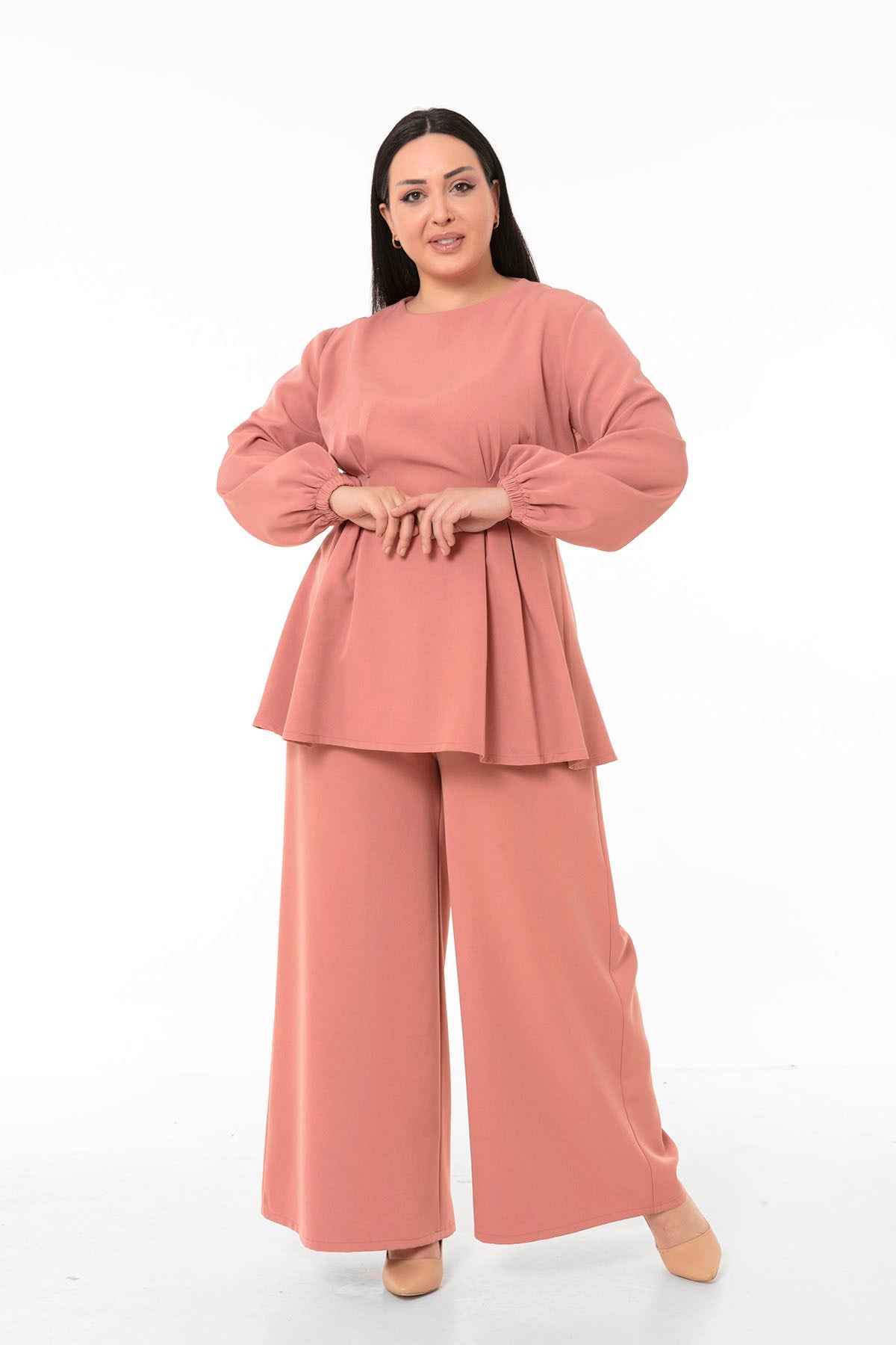 Büyük Beden Tunik Pantolon Pembe Takım