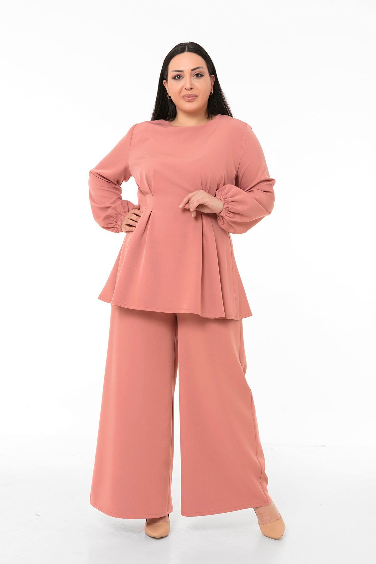 Büyük Beden Tunik Pantolon Pembe Takım