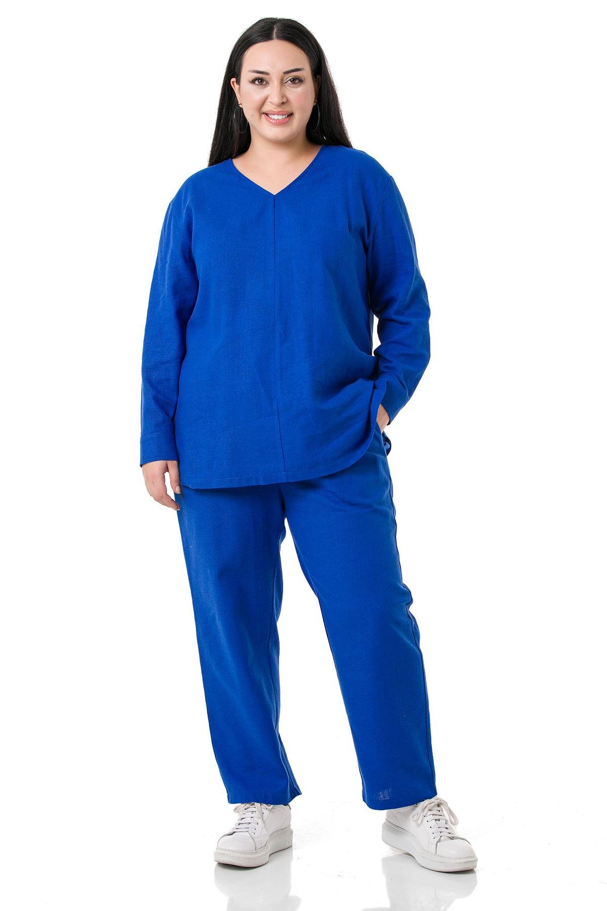 Disentis Modest V Yaka Uzun Kollu Bluz Pantolon Mavi İkili TakımDISENTIS MODESTBüyük Beden V Yaka Uzun Kollu Bluz Pantolon Mavi İkili Takım