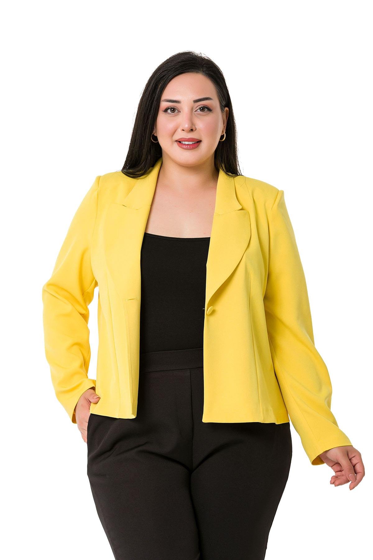 Büyük Beden Yaka Detaylı Vatkalı Astarsız Kısa Sarı Ceket