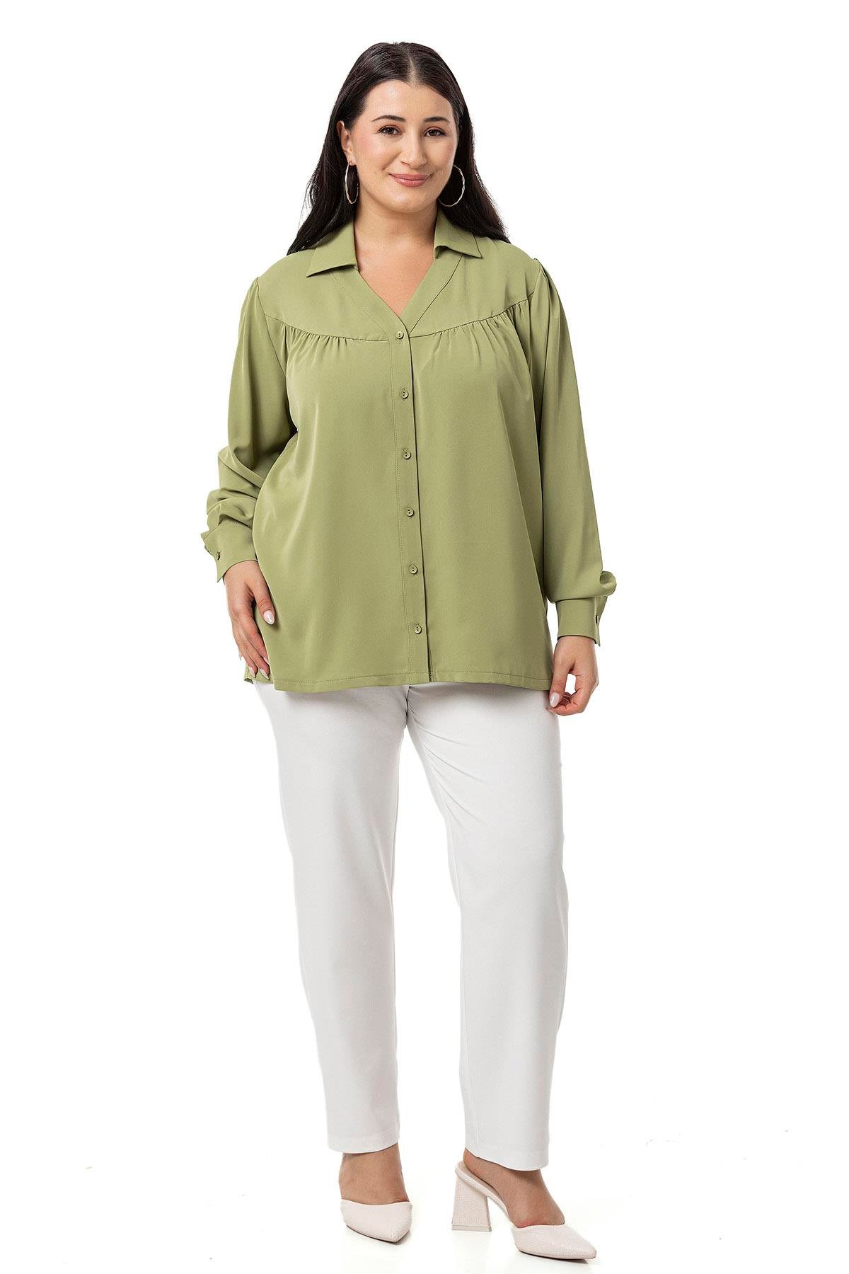 Disentis Modest Büyük Beden Yakalı Önü Büzgü Robalı Uzun Kol Çağla Yeşili Gömlek DISENTIS MODESTBüyük Beden Yakalı Önü Büzgü Robalı Uzun Kol Çağla Yeşili Gömlek 