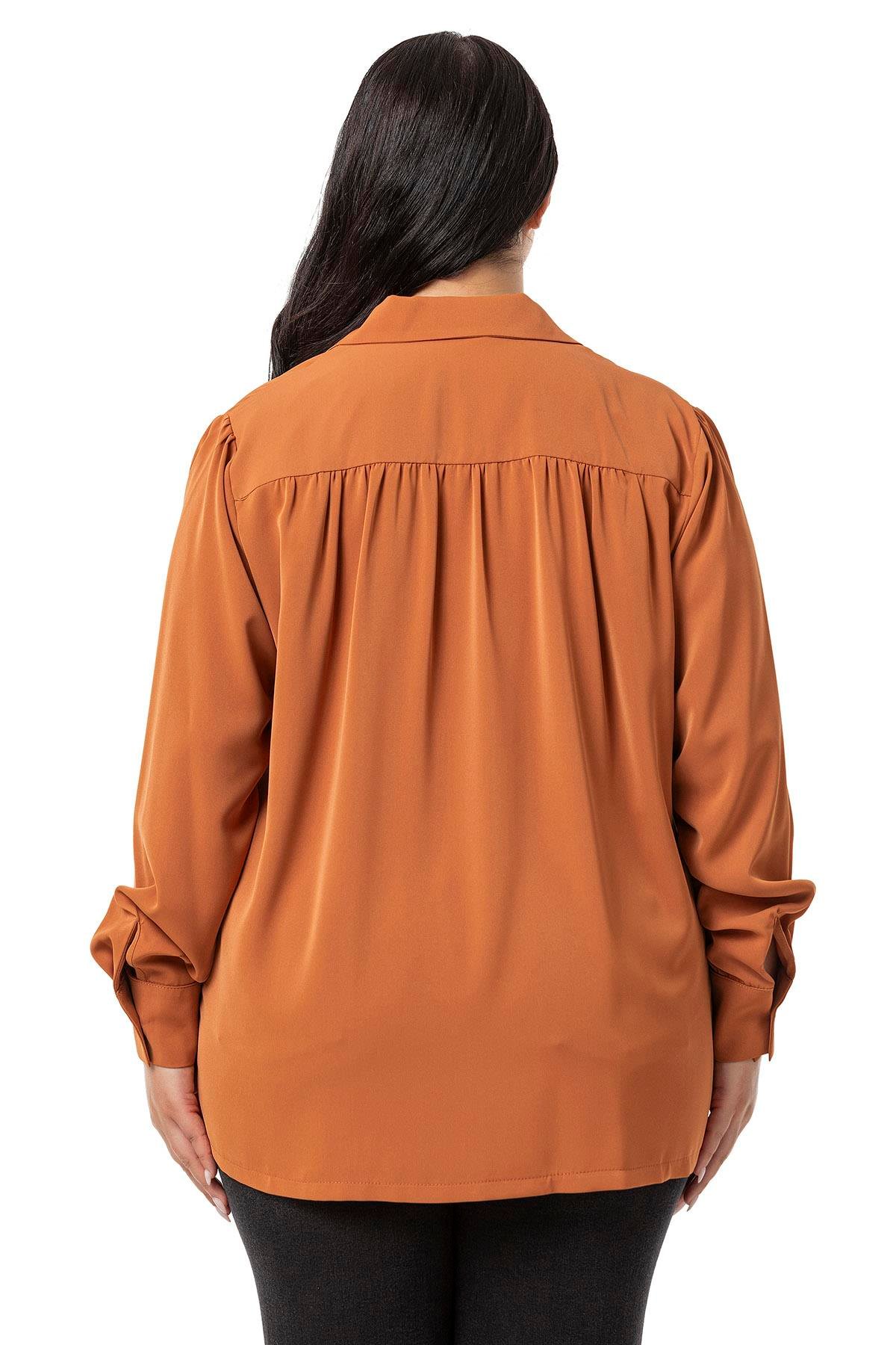 Disentis Modest Büyük Beden Yakalı Önü Büzgü Robalı Uzun Kol Tarçın Gömlek DISENTIS MODESTBüyük Beden Yakalı Önü Büzgü Robalı Uzun Kol Tarçın Gömlek 