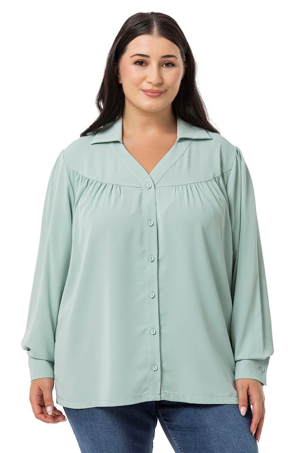 Disentis Modest Büyük Beden Yakalı Önü Büzgü Robalı Uzun Kol Mint Yeşili Gömlek DISENTIS MODESTBüyük Beden Yakalı Önü Büzgü Robalı Uzun Kol Mint Yeşili Gömlek 