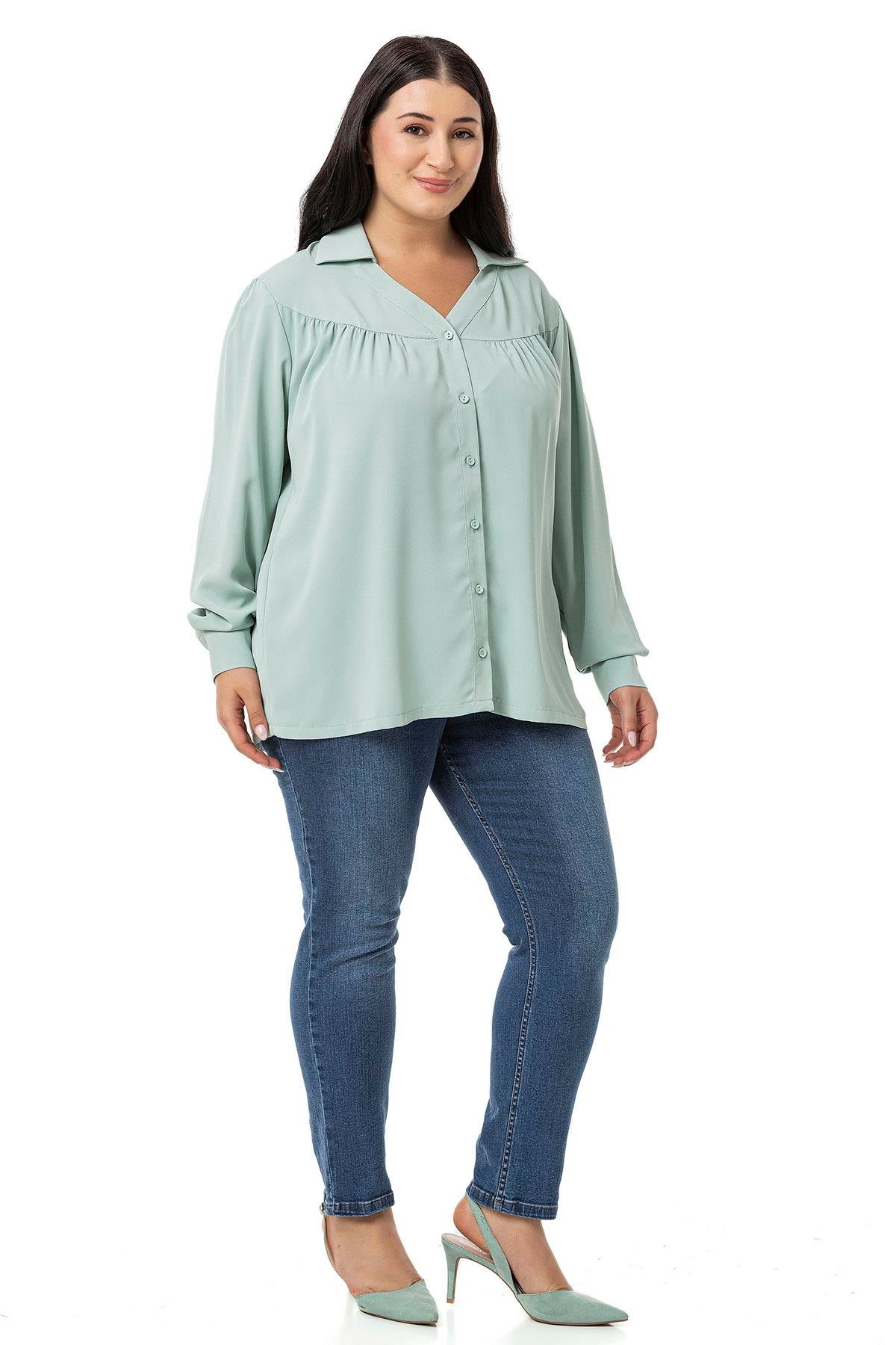 Disentis Modest Büyük Beden Yakalı Önü Büzgü Robalı Uzun Kol Mint Yeşili Gömlek DISENTIS MODESTBüyük Beden Yakalı Önü Büzgü Robalı Uzun Kol Mint Yeşili Gömlek 