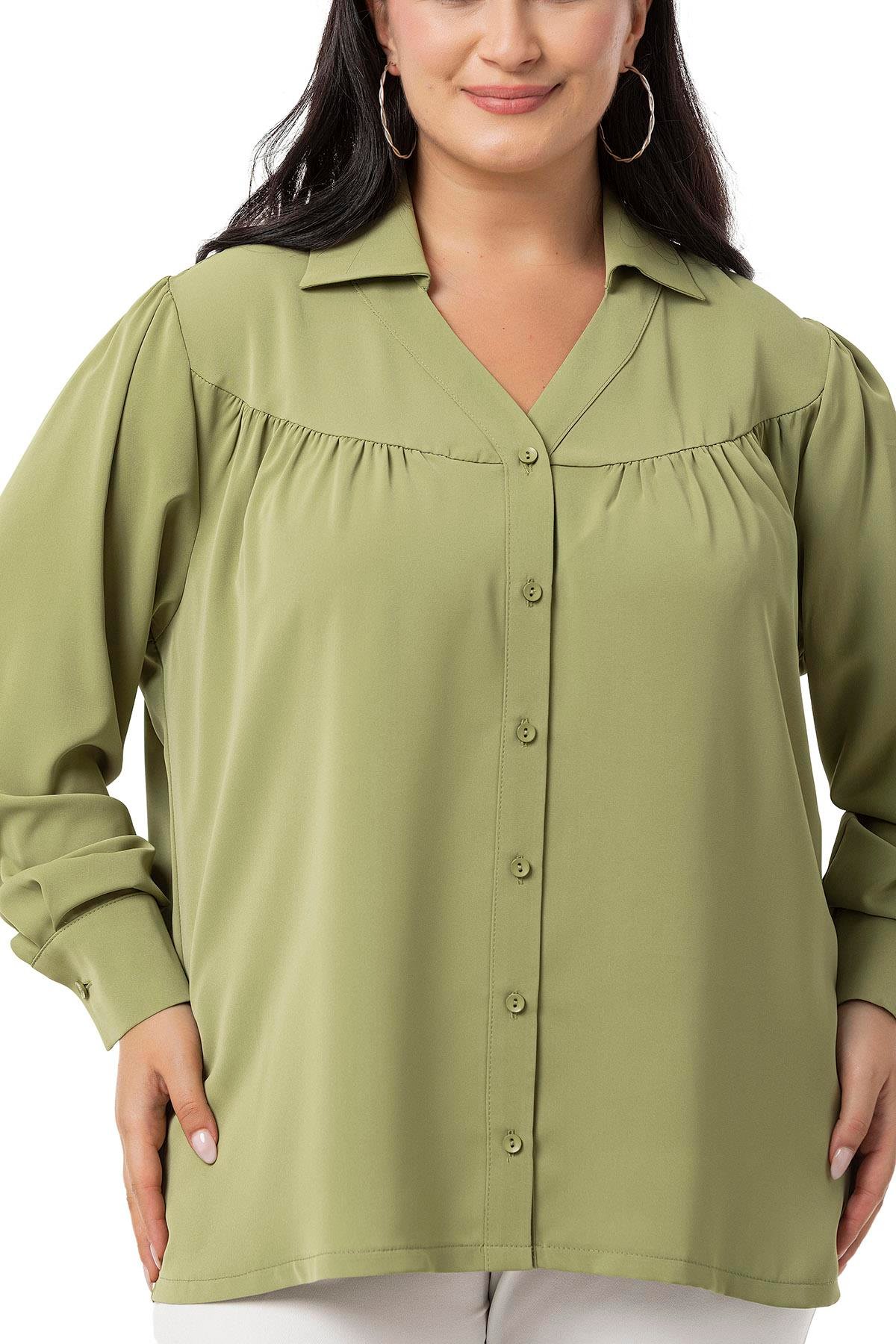 Disentis Modest Büyük Beden Yakalı Önü Büzgü Robalı Uzun Kol Çağla Yeşili Gömlek DISENTIS MODESTBüyük Beden Yakalı Önü Büzgü Robalı Uzun Kol Çağla Yeşili Gömlek 