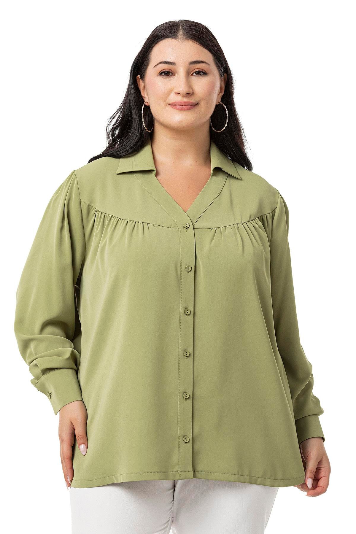 Disentis Modest Büyük Beden Yakalı Önü Büzgü Robalı Uzun Kol Çağla Yeşili Gömlek DISENTIS MODESTBüyük Beden Yakalı Önü Büzgü Robalı Uzun Kol Çağla Yeşili Gömlek 