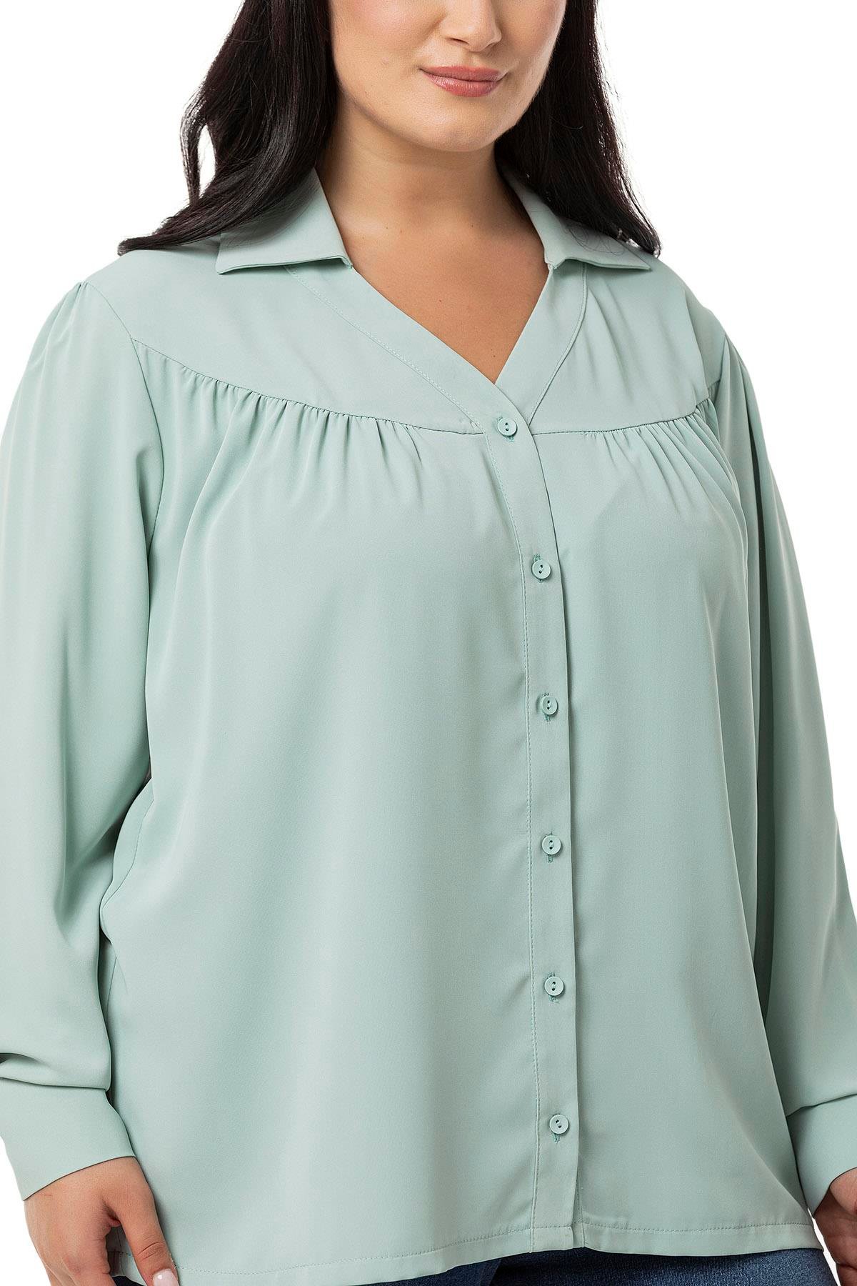Disentis Modest Büyük Beden Yakalı Önü Büzgü Robalı Uzun Kol Mint Yeşili Gömlek DISENTIS MODESTBüyük Beden Yakalı Önü Büzgü Robalı Uzun Kol Mint Yeşili Gömlek 