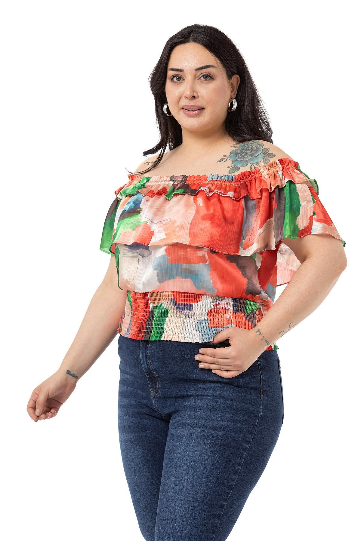 Disentis Modest Büyük Beden Yakası Çift Kat Fırfırlı Beli Lastik Gipe Detaylı Saten Kırmızı BluzDISENTIS MODESTBüyük Beden Yakası Çift Kat Fırfırlı Beli Lastik Gipe Detaylı Saten Kırmızı Bluz