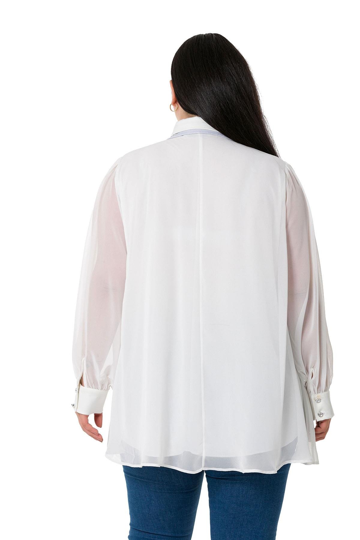 Büyük Beden Yakası Çift Kat Şifon Astarlı Beyaz Bluz