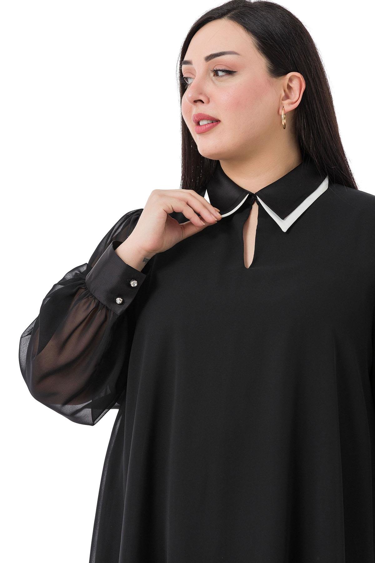 Büyük Beden Yakası Çift Kat Şifon Astarlı Siyah Bluz