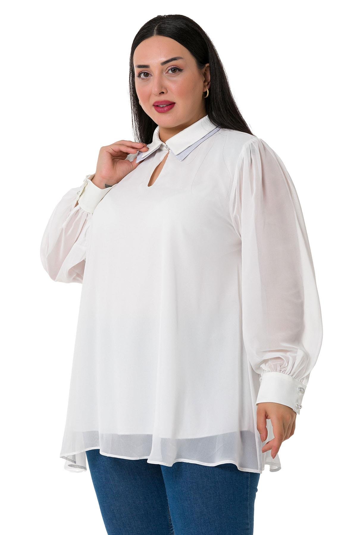 Büyük Beden Yakası Çift Kat Şifon Astarlı Beyaz Bluz